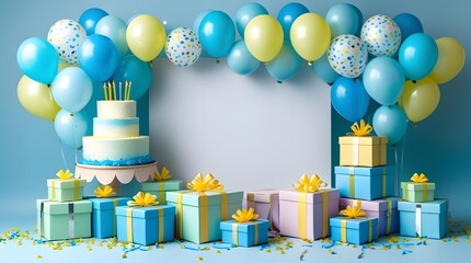 Pastel Party Invitation Concept with Balloons and Empty White Frame