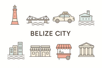 Naklejka premium Belize City Icon Set with Landmarks, Skyline, and Urban Life Symbols