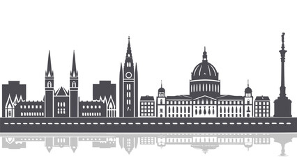 Detailed black and white skyline illustration of a european city with notable landmarks a striking silhouette