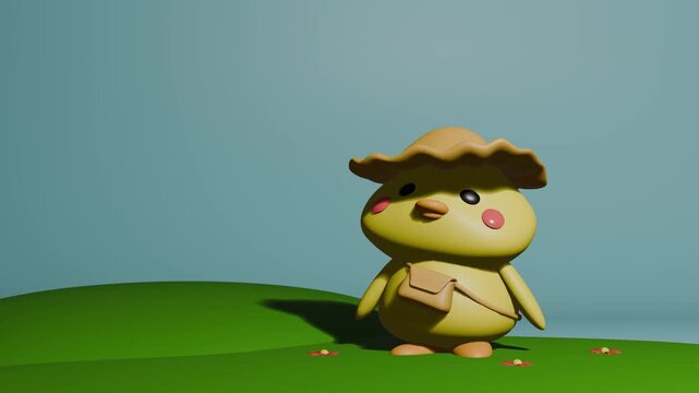 Animation of cute little duck or chicken trying to fly in an open air environment, happy easter sweet funny video with copy space