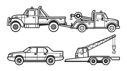 Fototapeta premium Detailed black and white illustration depicts a tow truck and a sedan showing their side profiles silhouette