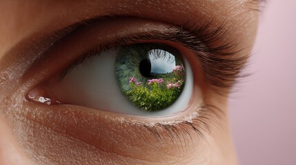 Human eye with forest reflection in iris concept of nature vision and environmental awareness