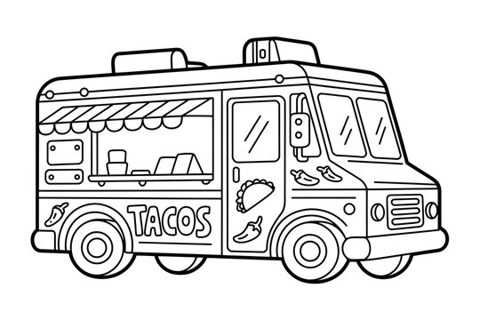 A black and white illustration of a taco food truck for coloring