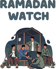 Obraz premium Ramadan Watch Poster with Men Gathering at Night Guard Post for Community Night Patrol Activity