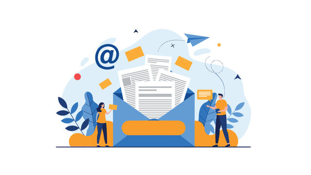 Digital marketing team manages an email campaign featuring a large blue envelope with multiple documents and communication icons in a workspace.