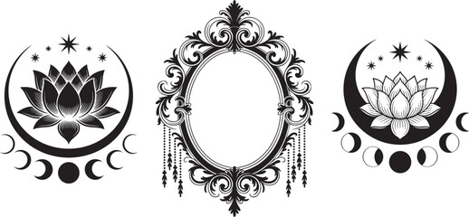 boho lotus moon line art set &ndash; mystical floral symbols and ornate vintage frame illustration