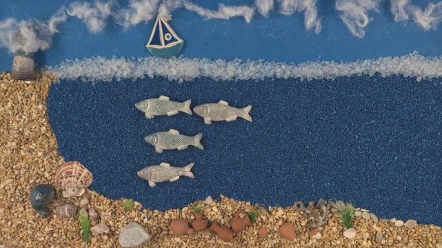 Stop Motion Animation of Stone Fish and Sailing Boat in a Blue Stone Sea 