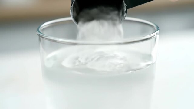 Close up image of a man mixing a healthy drink. He is seen adding a scoop of white protein powder to a glass of water