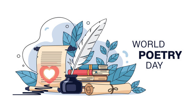 Artistic illustration for World Poetry Day featuring an inkwell quill pen old scrolls books and blue leaves on white.