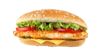 Tasty chicken burger with fresh vegetables for a fast food restaurant menu offer, isolated on a transparent background