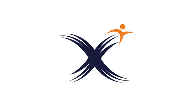 Creative logo design featuring a stylized letter X in dark blue with an orange human figure jumping or flying.