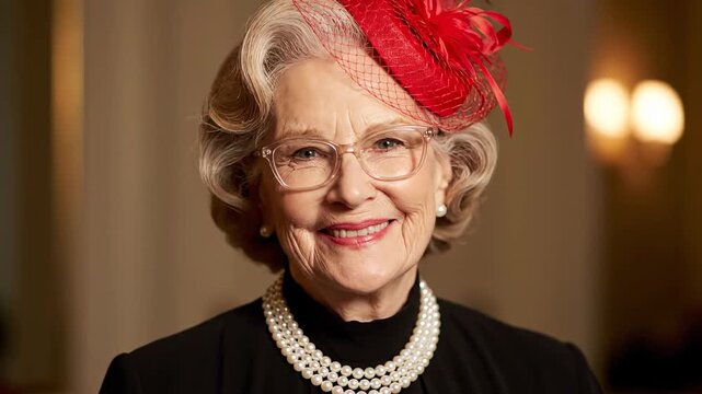 Lovely senior Caucasian woman exudes elegance in a pearl necklace and stylish red hat as she smiles warmly at the camera