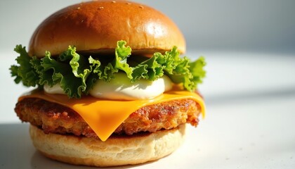 Close up of veggie burger with tofu patty, cheese and lettuce. Tasty vegan burger with plant based ingredients on bright white background. Healthy eating concept. Food delivery promo offer.