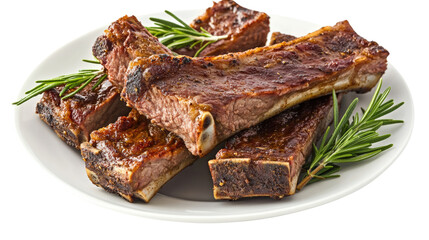 Tasty grilled barbecue ribs arranged on plate with rosemary against a grey design