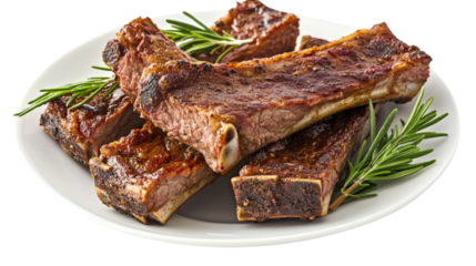 Tasty grilled barbecue ribs arranged on plate with rosemary against a grey design