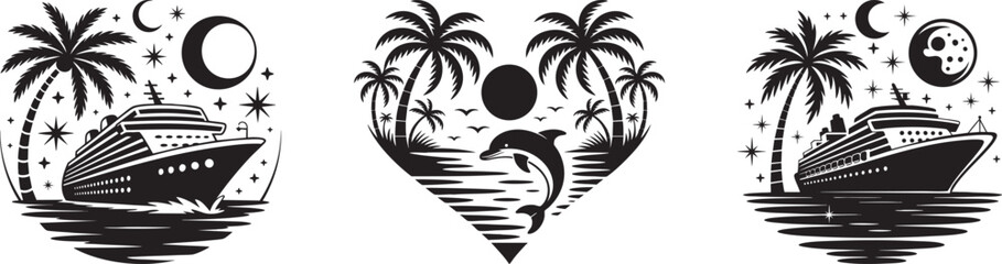 tropical cruise ship silhouette set &ndash; palm tree island ocean travel illustrations in black and white