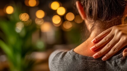 Woman with a hand on her neck. The woman is wearing a gray shirt and has a hand on her neck