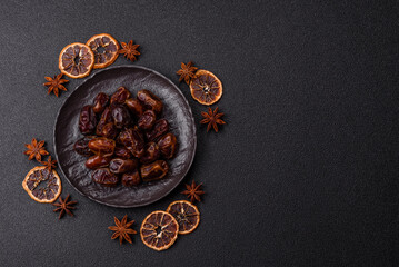 Dried sweet dates, natural tropical fruits for a healthy diet. Dried dates