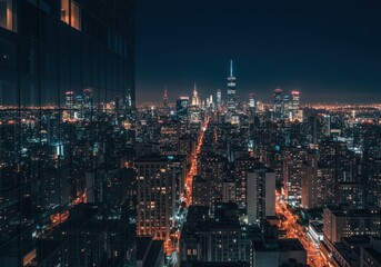 Obraz premium High angle view of a vast urban landscape featuring towering architecture at dusk, defined by the myriad electric lights and reflections, view, density, bright