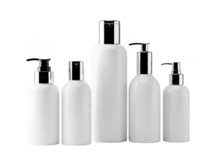 Collection of white plastic bottles with pump dispensers