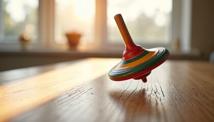 Spinning colorful whirligig on brown wood desk. Toy rotation displays vivid colours. Indoor daylight shines on tabletop, simple enjoyment and vibrant hues recall playing childhood.