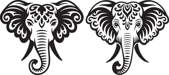 ornate elephant head line art set &ndash; tribal decorative animal illustration in black and white
