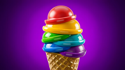 Multicolored ice cream scoops with a plastic texture stacked in a golden waffle cone against a solid purple background. Bright studio lighting with a glossy finish.