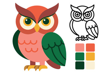Fototapeta premium A colorful cartoon owl with a color palette and black and white outline