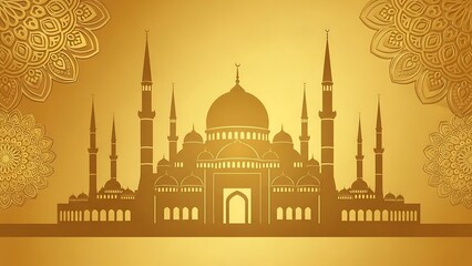 Islamic Mosque Silhouette Golden Background Illustration.