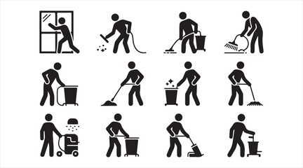 Fototapeta premium Cleaning and janitorial work silhouettes collection for housekeeping and maintenance services