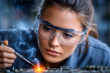 Woman engineer wearing safety goggles soldering circuit board