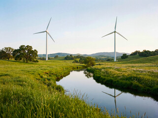 Zwei Windr&auml;der in der Natur auf der gr&uuml;nen Wiese.