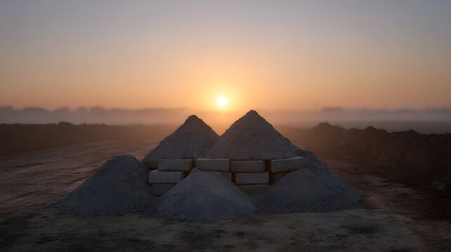 Sunrise illuminates piles of construction material and bricks on a misty undeveloped site