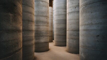 A perspective view of imposing textured concrete pillars arranged in a dimly lit interior space showcasing architectural strength