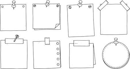 Collection of blank paper notes pinned and clipped on a white background for organization and reminders with clips and pins and illustration