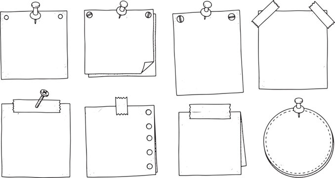 Collection of blank paper notes pinned and clipped on a white background for organization and reminders with clips and pins and illustration