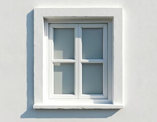 White window with four panes. Framed in white wall. Window shows minimalist facade. Light and shadow fall on the wall. Architecture detail from building exterior. Simple design element.
