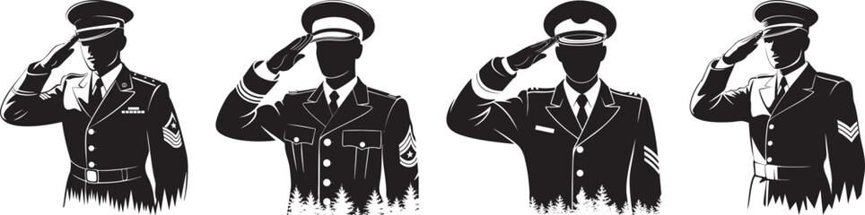 military salute soldier silhouette set &ndash; formal army officer tribute black and white vector