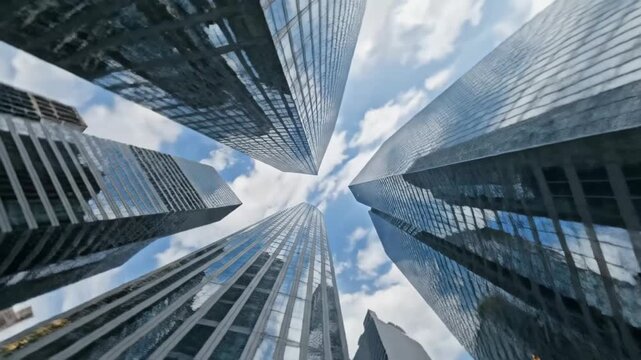 Modern glass skyscrapers rotating under blue sky 4K Video