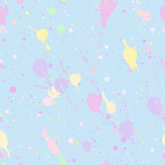 Abstract background with pastel paint splatters and dots on blue. Colorful design for web graphics, social media posts, or art prints.