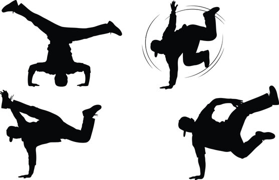 Silhouette vector set of 4 breakdancing poses freeze move headspin windmill and flare