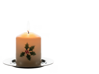 Elegant holiday candle with holly decoration on silver plate