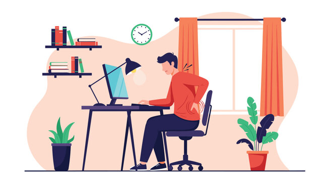 A man working at his desk computer is experiencing severe back and neck pain due to poor posture and long hours.
