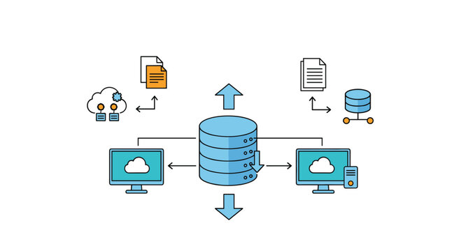 Diagram illustrating a central database server connecting with computers, cloud storage, and other local network databases.