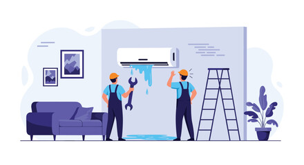 Fototapeta premium Two professional technicians in uniform repairing a leaking air conditioner unit on the wall of a modern living room interior.