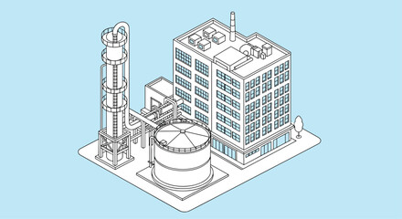 Naklejka premium Isometric line art illustration of an industrial factory building with a large storage tank and a distillation tower outside.