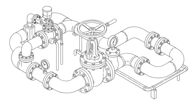 Detailed technical line drawing of an industrial piping system with a large gate valve, flanges, and pressure gauges isometric.
