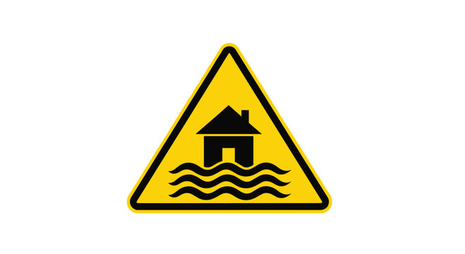 Yellow triangular warning sign with a black icon of a house submerged in water, indicating a risk of flooding in the area.