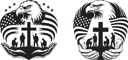 fallen soldier memorial with eagle and american flag &ndash; military cross tribute black and white vector
