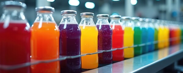 Bottles filled with colorful drinks move along factory conveyor belt. Production line processes variety of juices, sodas. Manufacturing facility prepares refreshing beverages for sale. Healthy drinks